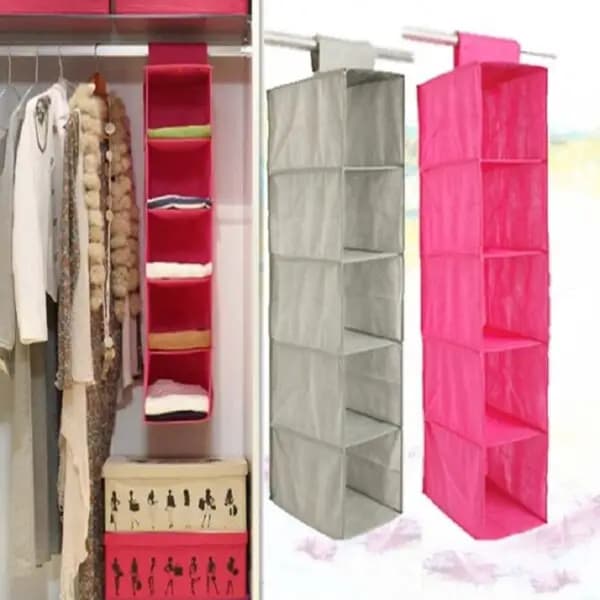 5 Shelf Clothes Hanging Organizers Pant Organizer Wardrobe Section Storage Closet Organiser (black Color)